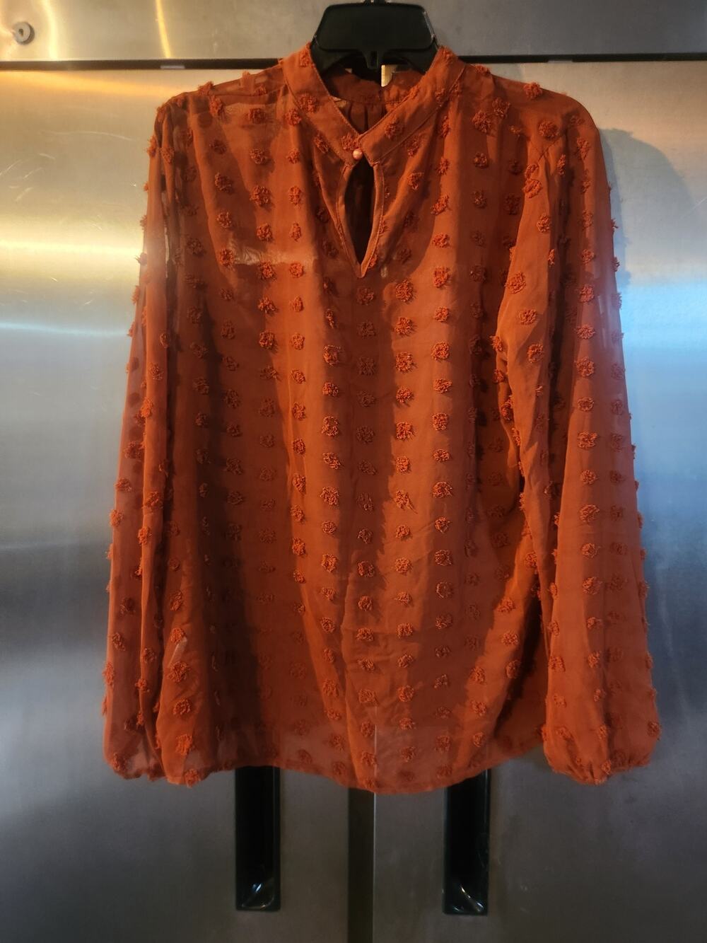 SHEIN Rust Swiss Dot Keyhole Blouse Women's Size XL Long Sleeve Top